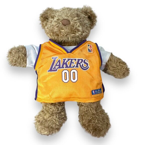 Build A Bear Curly Teddy Bear Brown Paws Vintage Retired Lakers Tank Overall 14" - Picture 8 of 15